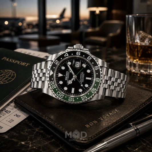 Silver watch with black and green face on a travel-themed surface with passport and tickets.