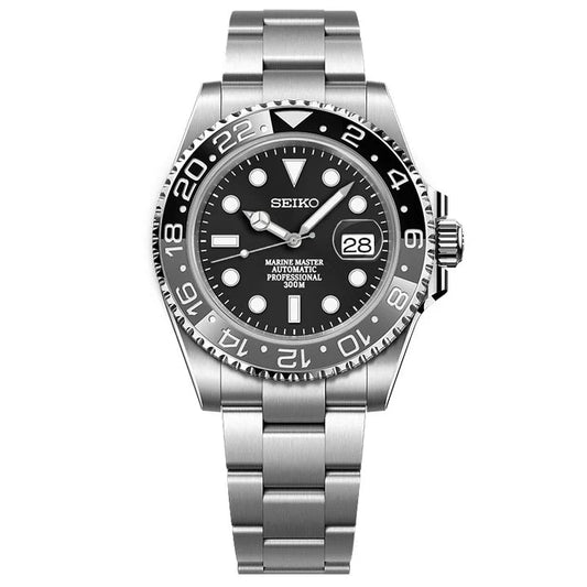 Seiko watch with black dial and silver metal bracelet on a white background