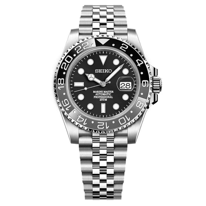 Seiko watch with black dial and silver metal bracelet on a white background