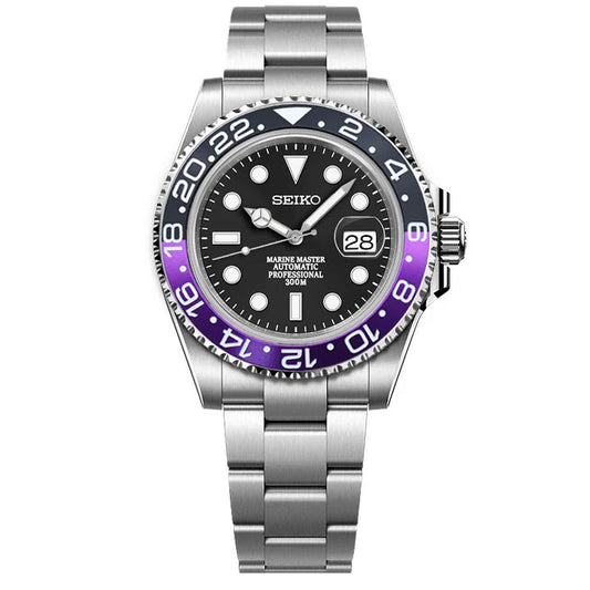 Seiko watch with black face, purple bezel, and silver metal strap on a white background