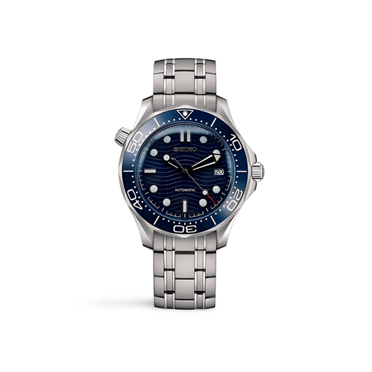 Silver watch with a blue face on a white background