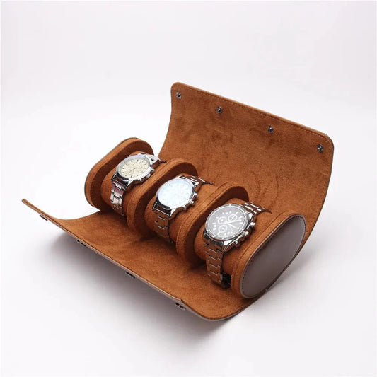 Three Slot Travel Watch Box - Brown PU Leather - Sunshine Custom Watch