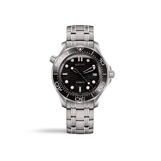 Silver watch with black dial on a white background