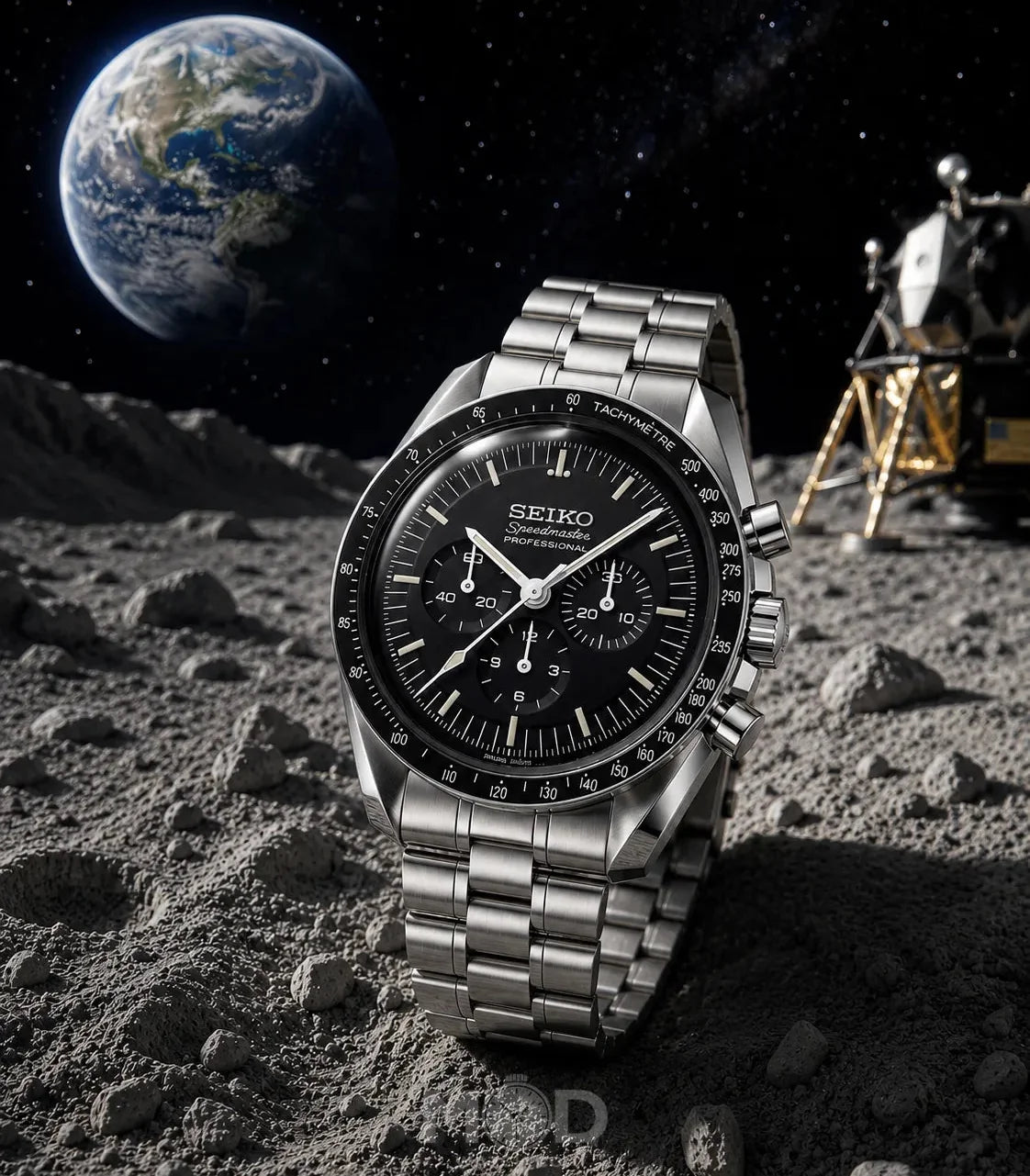 Seiko watch on the moon with Earth in the background