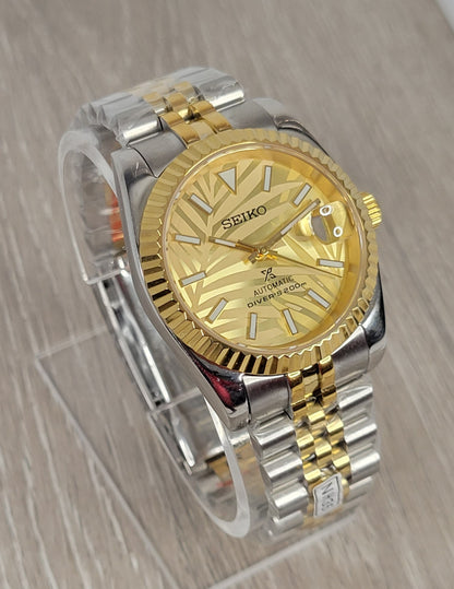 Fluted Two Tone Case Seiko Custom, Gold Palm Dial