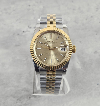 39mm Fluted Case Seiko Custom Mod Watch, DateJust Dial, Two Tone Case, Sapphire -NH35 Movement - Sunshine Custom Watch