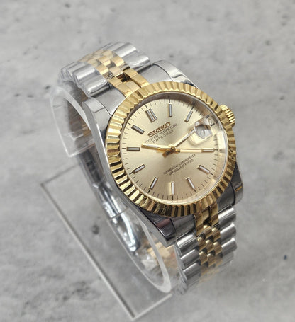 39mm Fluted Case Seiko Custom Mod Watch, DateJust Dial, Two Tone Case, Sapphire -Seiko NH35 Movement - Sunshine Custom Watch