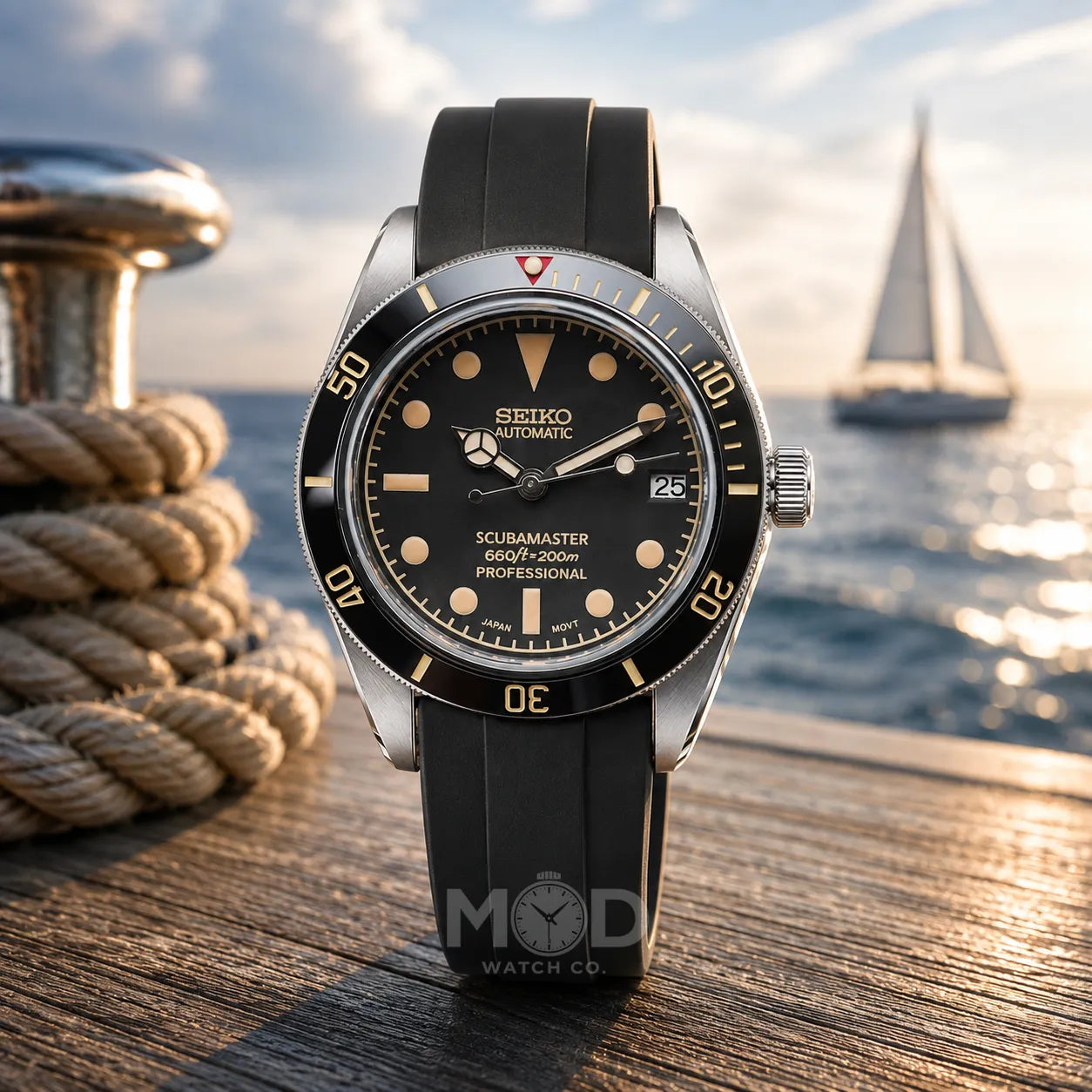 Seiko watch with black strap on a wooden surface with a nautical background