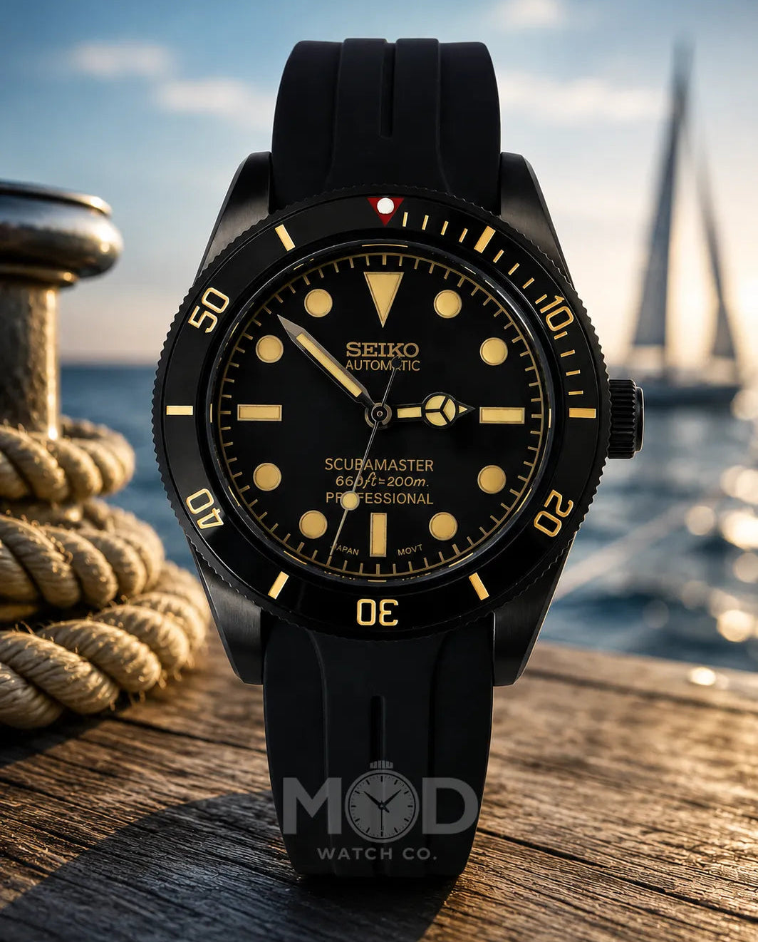 Black Seiko watch with yellow accents on a wooden surface with a blurred background