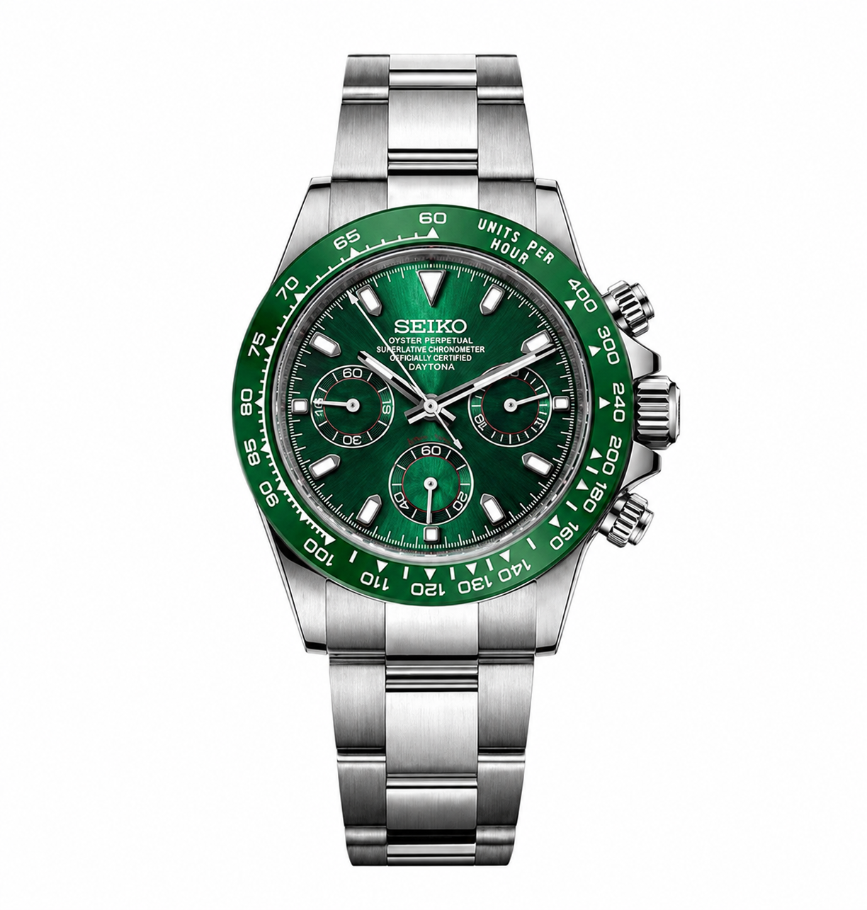 A Seiko Daytona watch with a polished stainless steel link bracelet, featuring a vibrant green dial and a matching green tachymeter bezel.