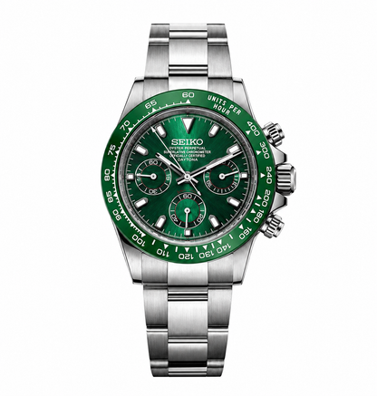 A Seiko Daytona watch with a polished stainless steel link bracelet, featuring a vibrant green dial and a matching green tachymeter bezel.