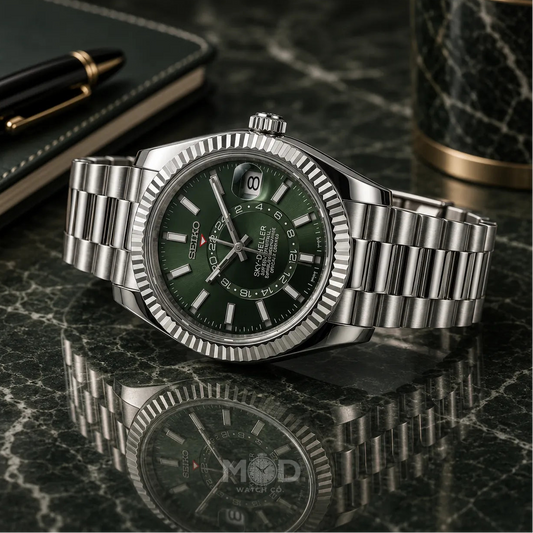 Silver watch with green dial on a reflective surface