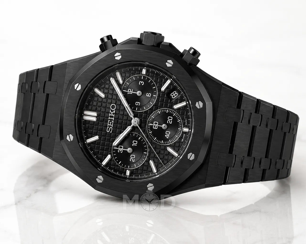 Black Seiko watch on a white background