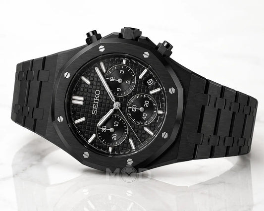 Black Seiko watch on a white background