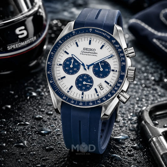 Seiko watch with blue strap on a dark textured background