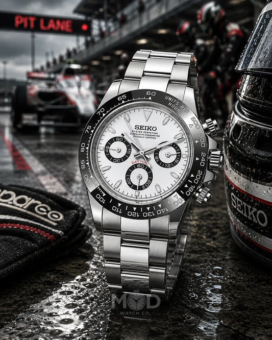 Seiko watch with racing theme, including a race car and 'Pit Lane' sign.