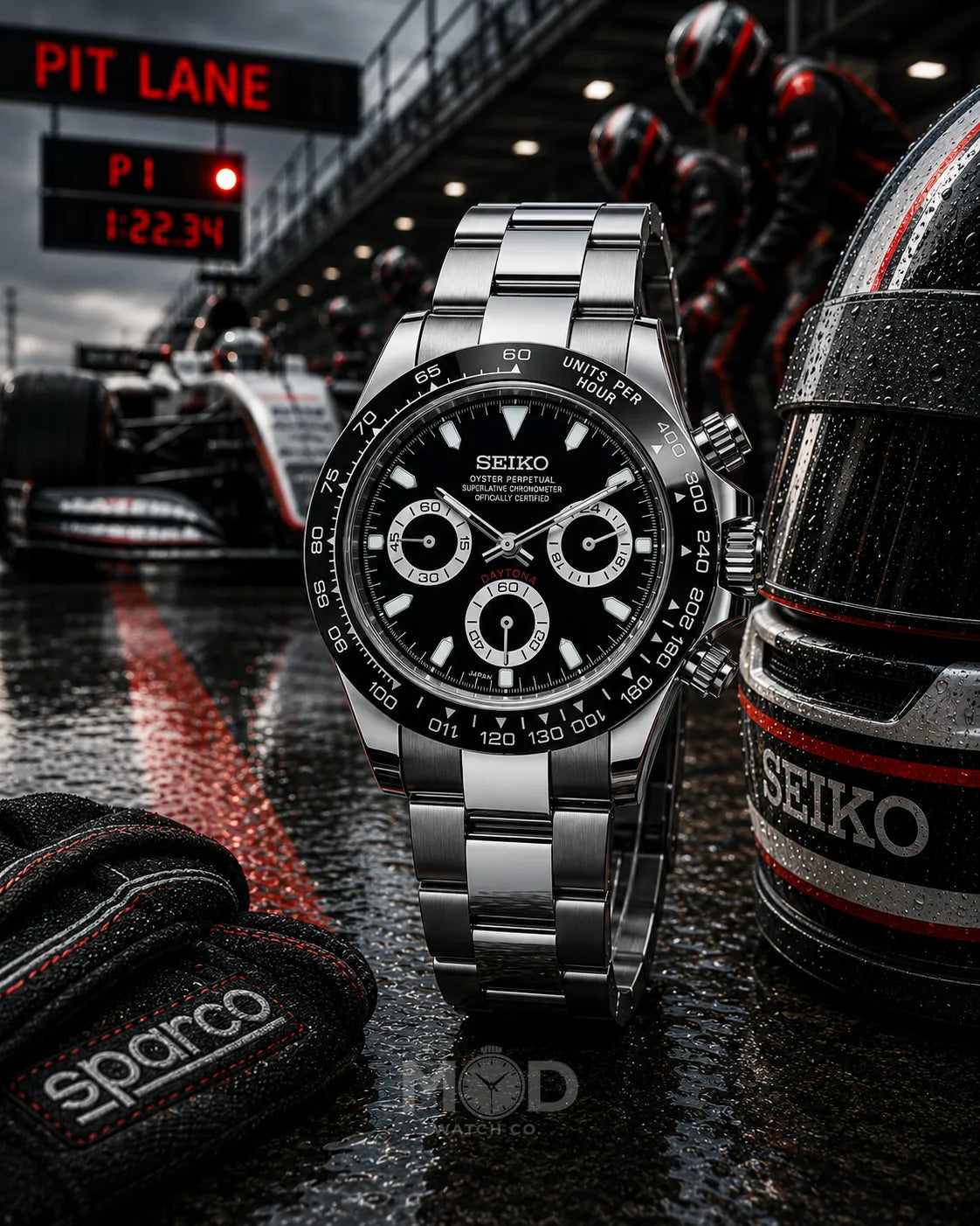 Seiko watch with racing theme on a wet track background