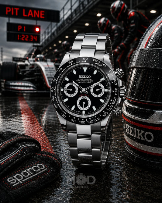 Seiko watch with racing theme on a wet track background