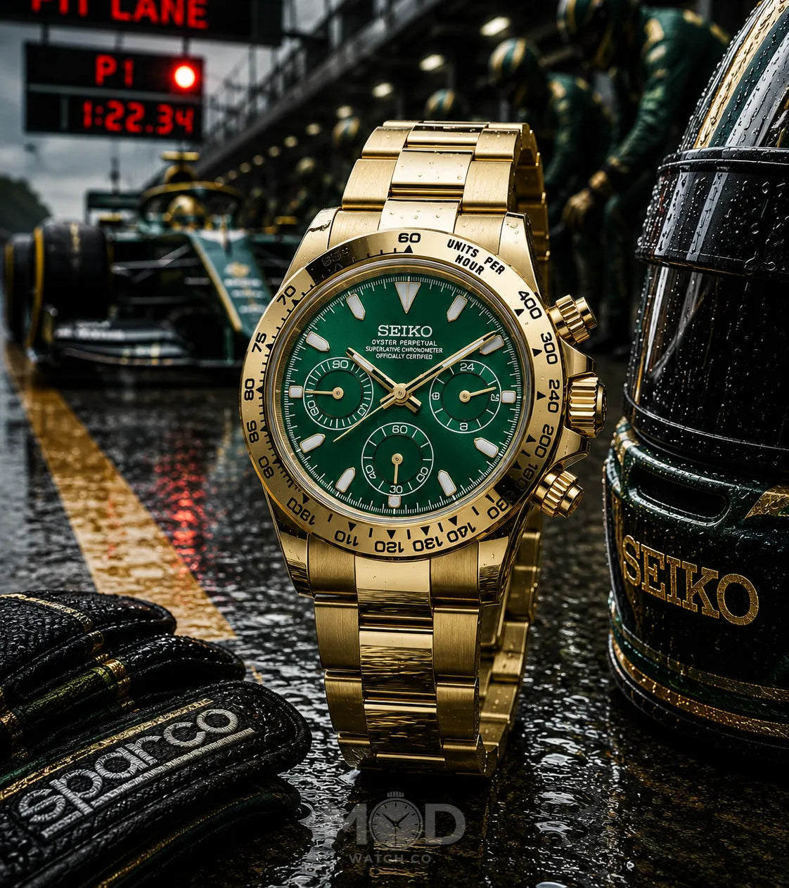 Gold Seiko watch with green face on a race track background