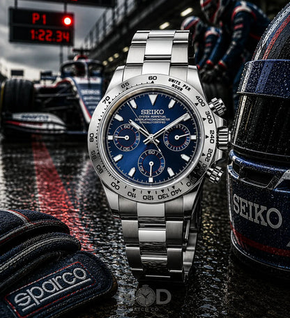 Seiko watch with racing theme, including a helmet and racing car in the background.