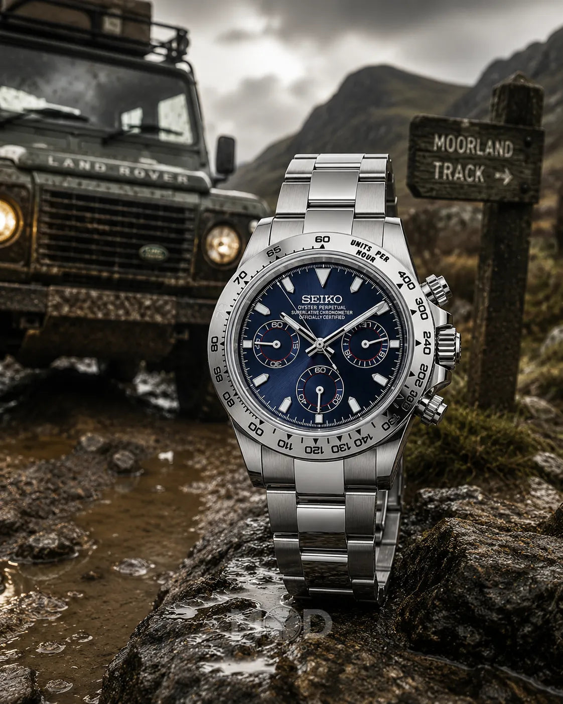 Silver Seiko watch on a rock with a Land Rover and sign in the background