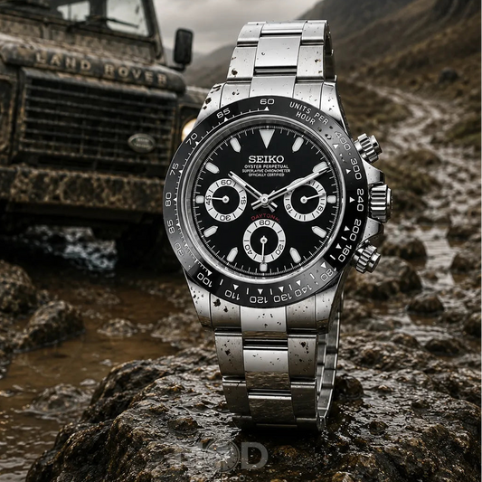 Seiko watch on a rock with a Land Rover in the background