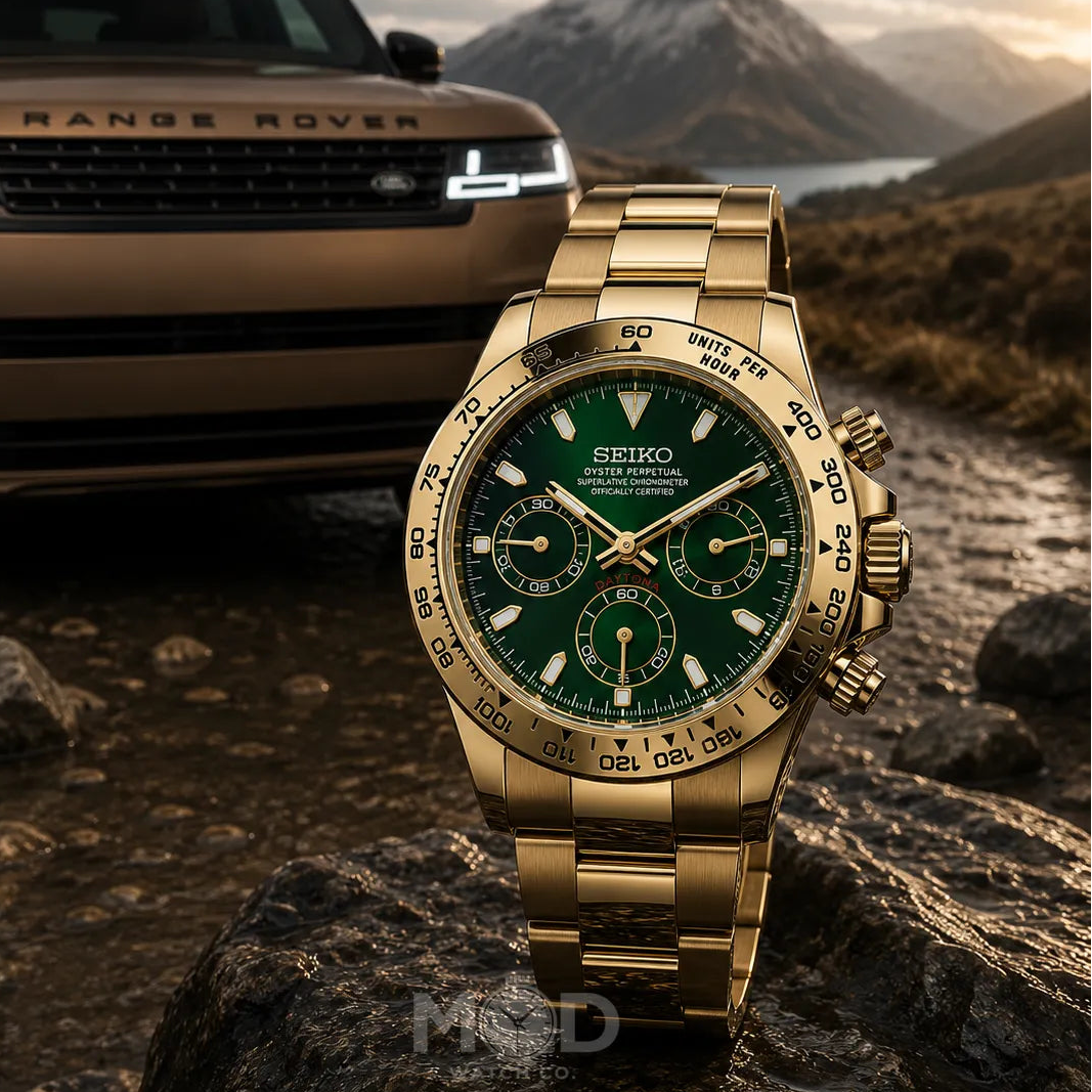 Gold Seiko watch with green face on a rock in front of a Range Rover and mountainous landscape.