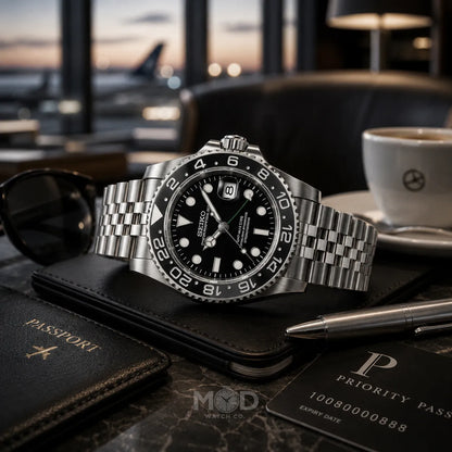Luxury watch on a table with sunglasses, passport, and card in a blurred cafe setting