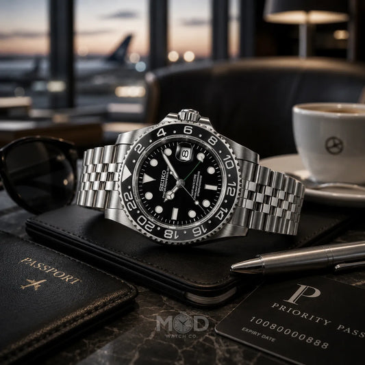 Luxury watch on a table with sunglasses, passport, and card in a blurred cafe setting