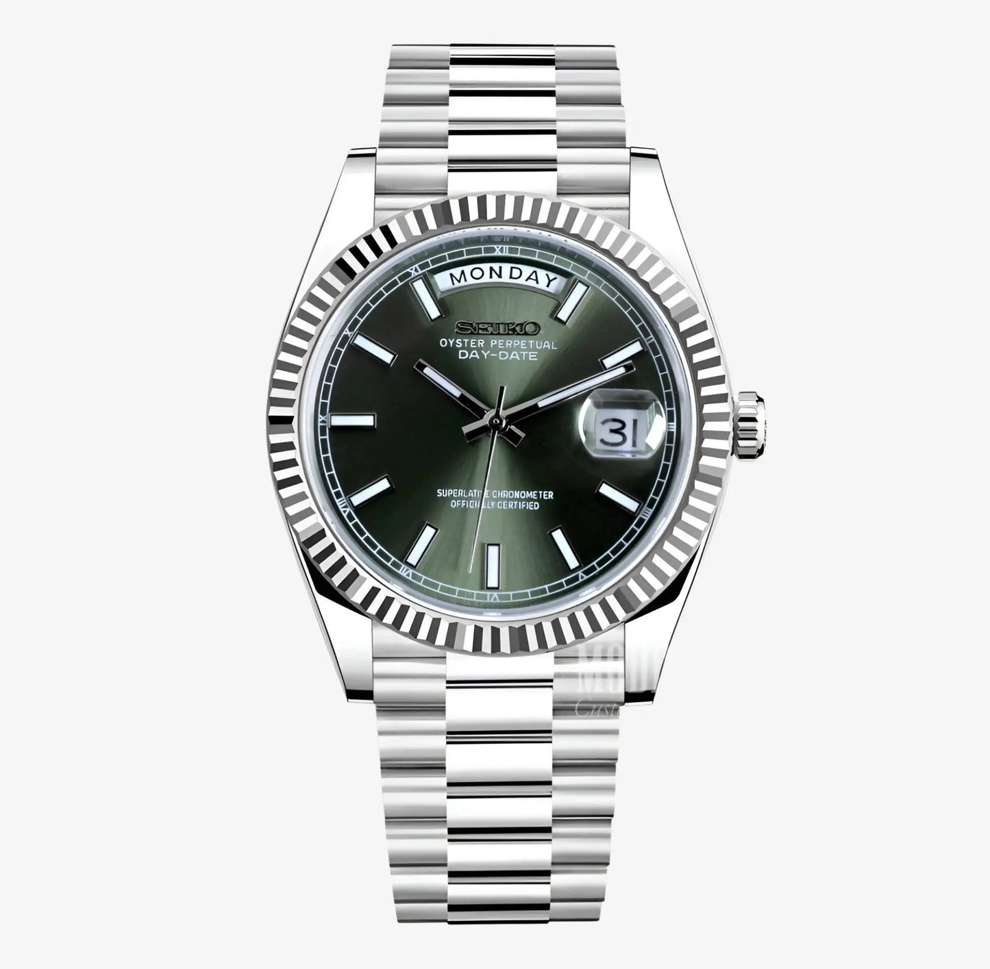 Silver Seiko mod watch with a olive green face on a white background