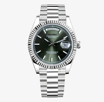 Silver Seiko mod watch with a olive green face on a white background