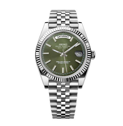 Silver watch with a green face on a white background