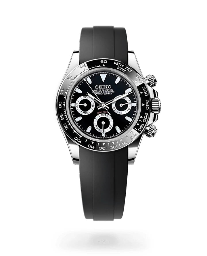 Seiko watch with black rubber strap on a white background