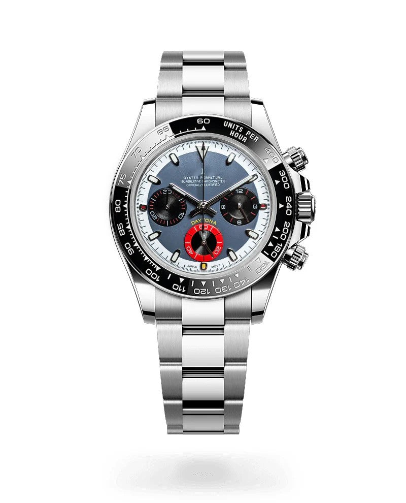 Seiko watch with a silver strap and black dial on a white background
