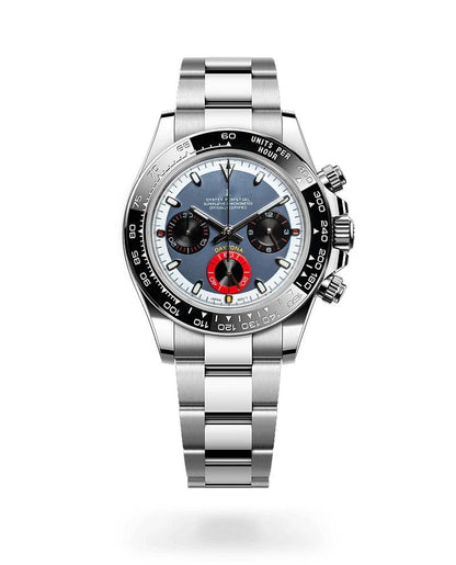 Seiko watch with a silver strap and black dial on a white background