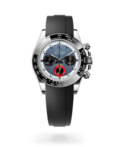 Watch with black strap and silver case on a white background