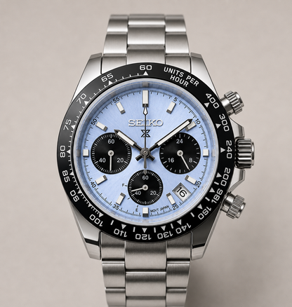 A Seiko stainless steel chronograph watch with a light blue dial, black bezel, and black subdials, set against a neutral beige background.