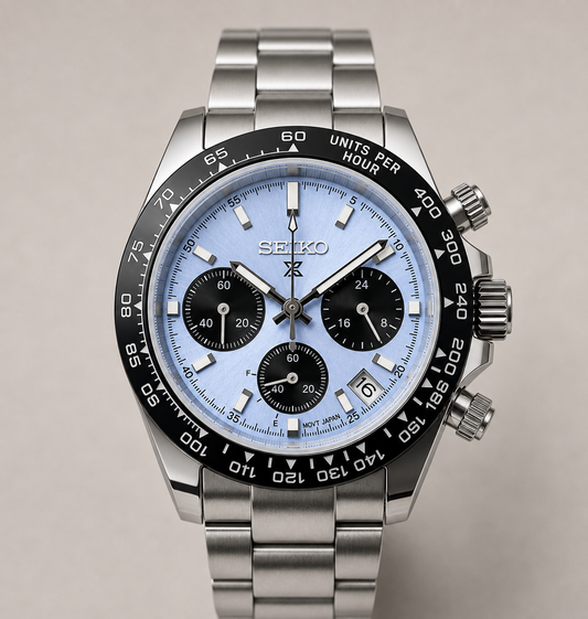 A Seiko stainless steel chronograph watch with a light blue dial, black bezel, and black subdials, set against a neutral beige background.