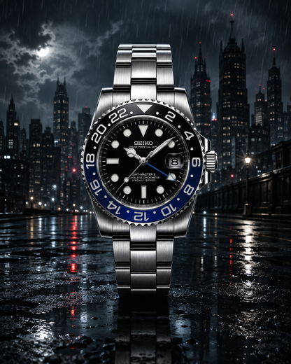 A Seiko stainless steel wristwatch with a black dial, blue and black rotating bezel, and silver metal bracelet, centered against a dark rainy city skyline at night.