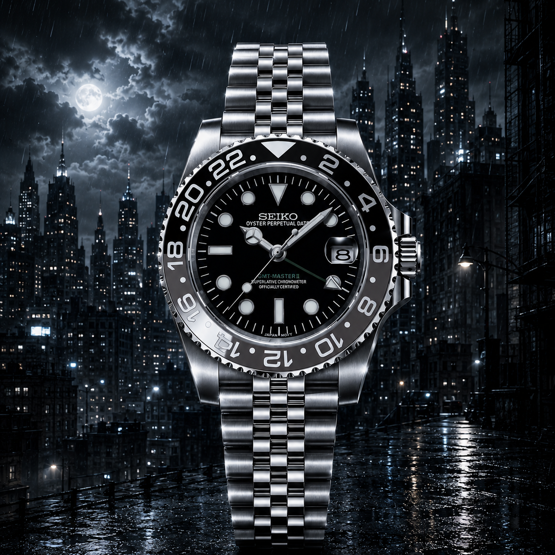 A Seiko stainless steel wristwatch with a black dial and black-and-silver bezel, shown centered against a dramatic rainy city skyline at night.