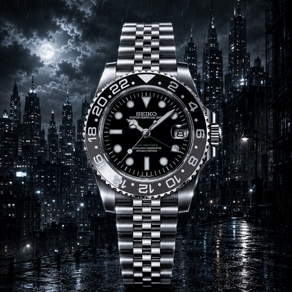 A Seiko stainless steel wristwatch with a black dial and black-and-silver bezel, shown centered against a dramatic rainy city skyline at night.
