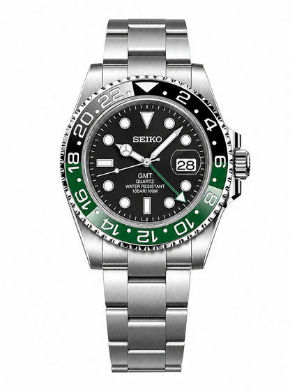A Seiko GMT watch with a stainless steel bracelet, black dial, and a two-tone bezel featuring black and green segments.