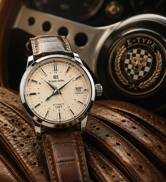 Grand Seiko watch with brown leather strap on a textured surface