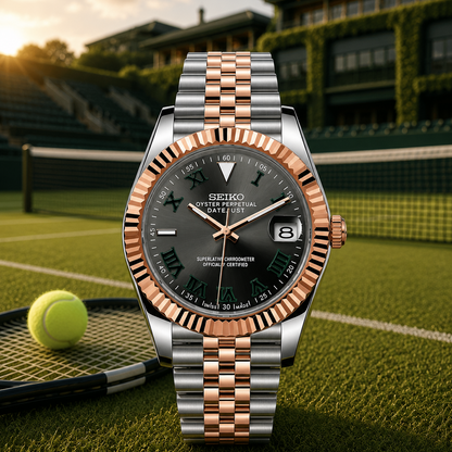 A Seiko Oyster Perpetual Datejust watch with a two-tone silver and rose gold bracelet, a dark gray dial, and a fluted rose gold bezel, set against a tennis court background with a tennis racket and ball.