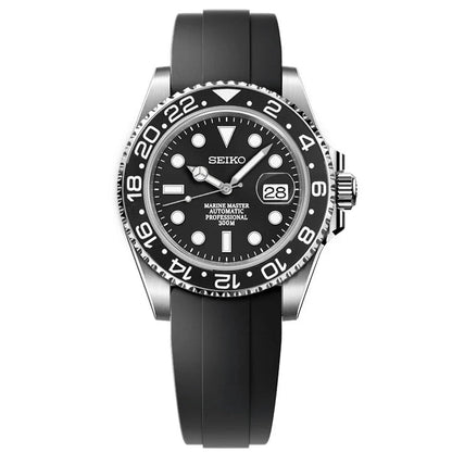 Seiko watch with black dial and rubber strap on a white background