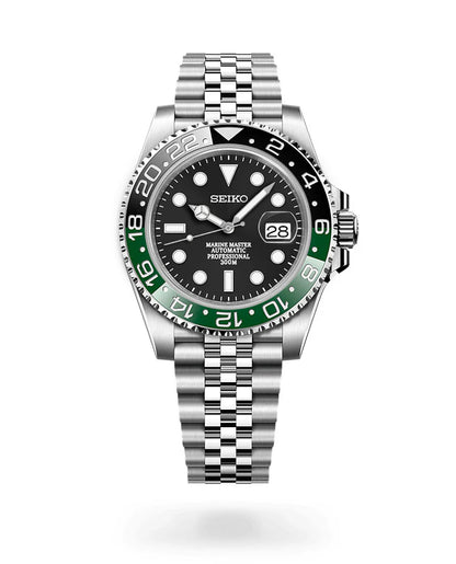 Seiko watch with black face, green bezel, and silver metal bracelet on a white background
