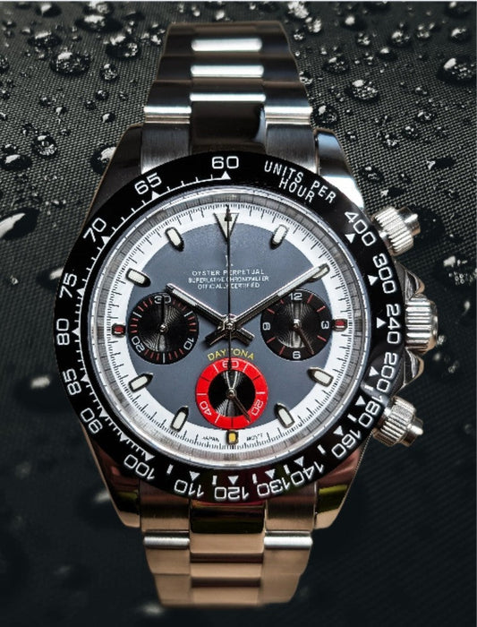 Luxury watch with a detailed face on a dark textured background