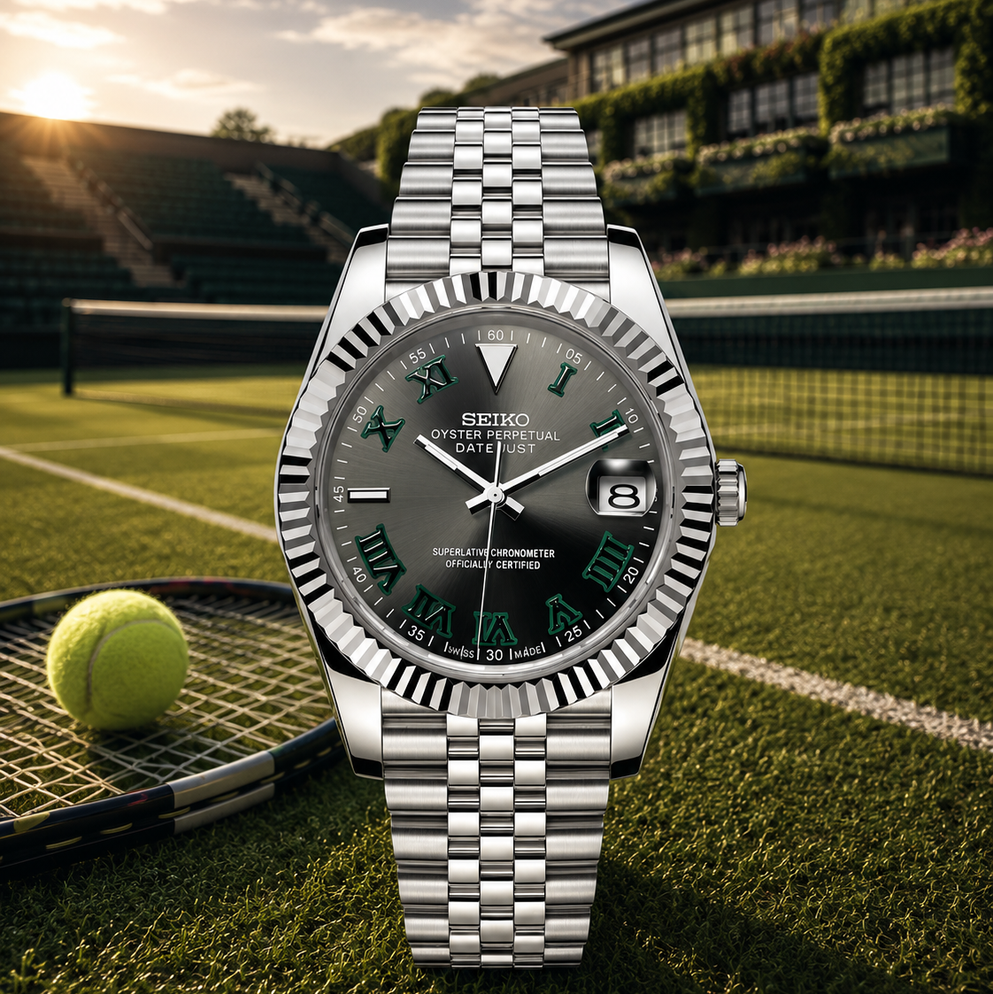 A silver stainless steel wristwatch with a fluted bezel and matching metal bracelet, featuring a dark gray dial with Roman numerals and green hands, displayed on a tennis court with a tennis racket and ball in the background.