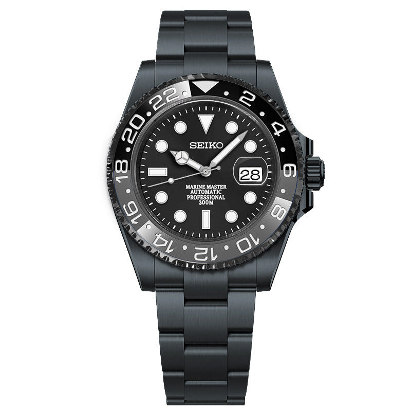 A Seiko dive watch with a matte black stainless steel case, black dial, black bezel, and a matching black link bracelet, shown against a plain white background.