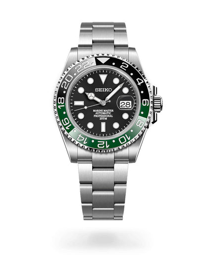 Seiko watch with black face and green bezel on a white background